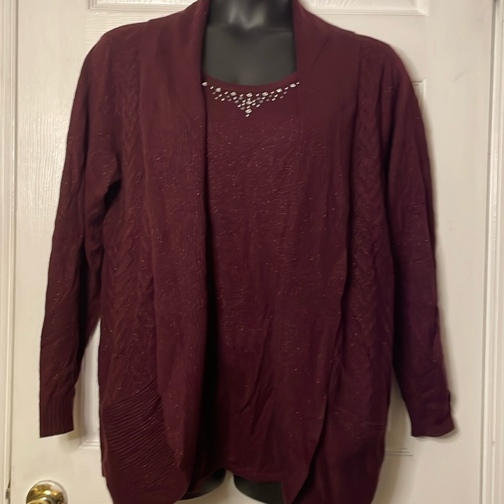 Briggs Maroon Sparkle Rhinestone Double Tank attached Cardigan 1X